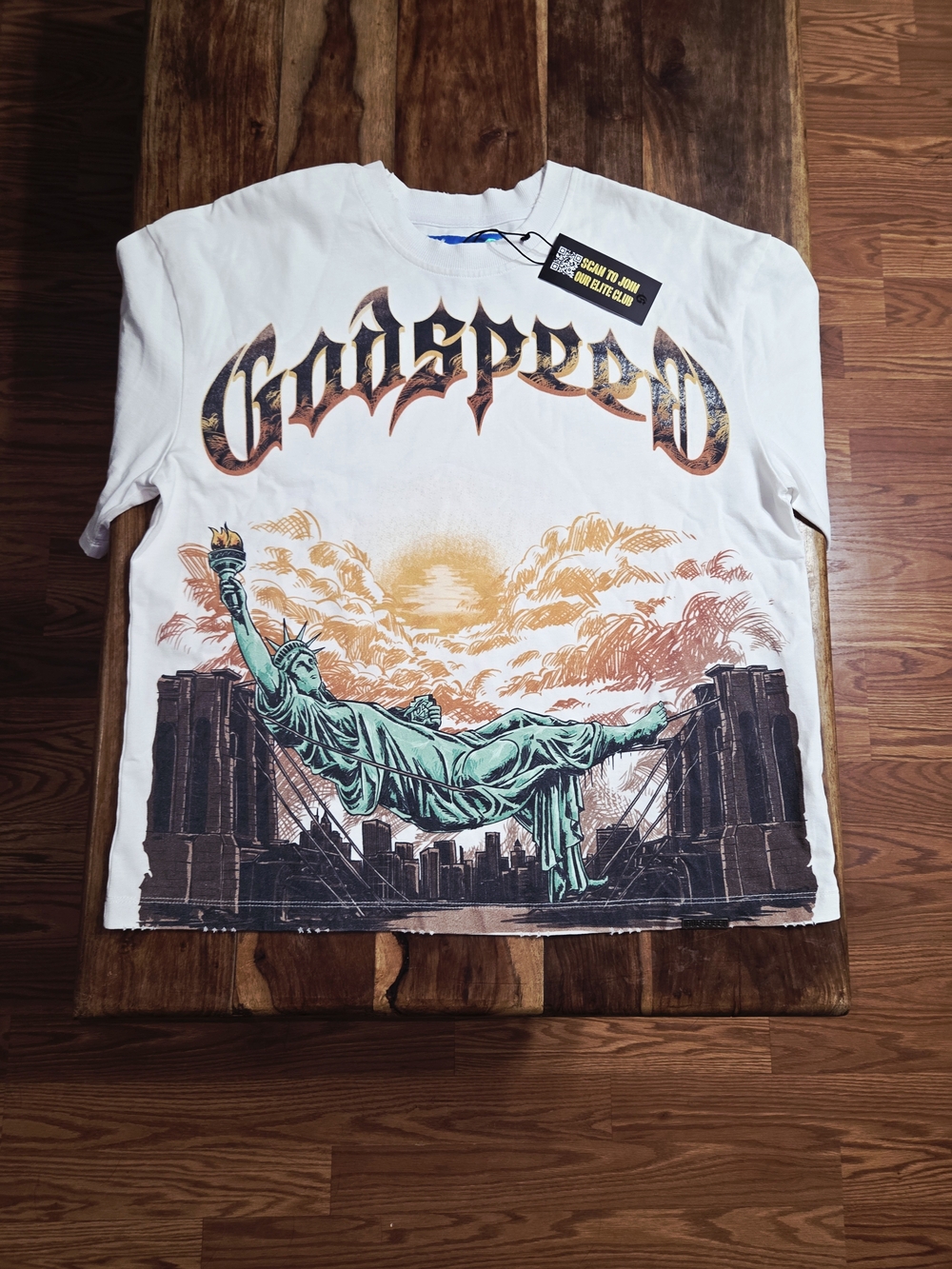 Godspeed New York "Liberty" Graphic Men's Tee In White. Size X-Small